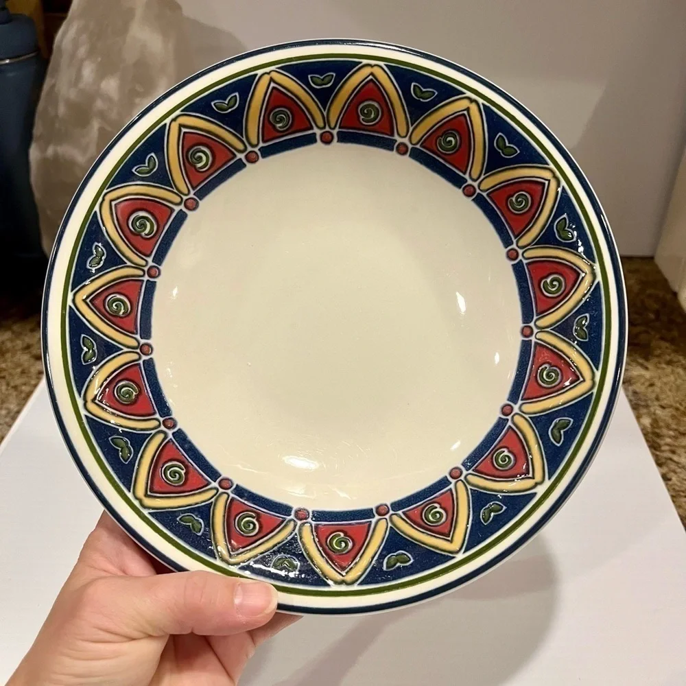 Pier 1 Bowl Red, Blue. Yellow Geometric Pattern 8 1/4 inches